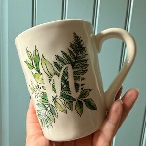 Pier 1 White Ceramic Mug with Green Leaf Botanical Design